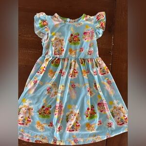 Charming Blue Kids Dress with Colorful Print little bird strawberry shortcake